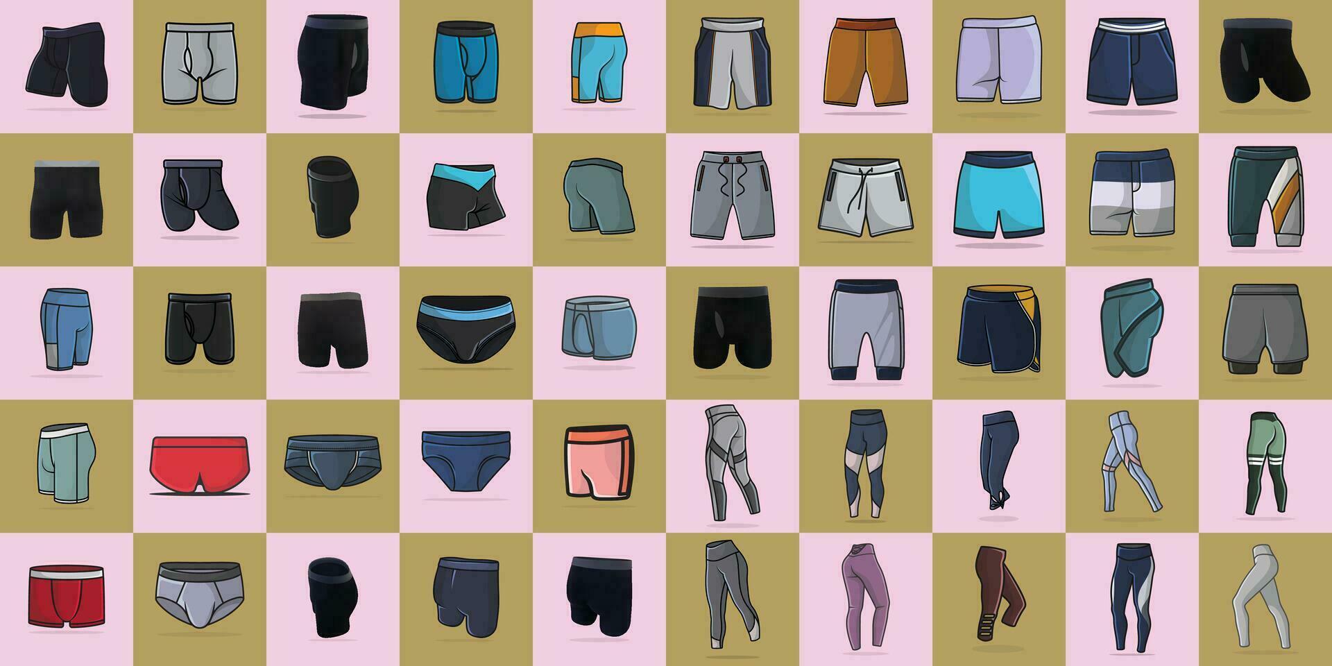 Collection Of 50 Men Sports Underwear and Shorts vector illustration. Sports and fashion objects icon concept.