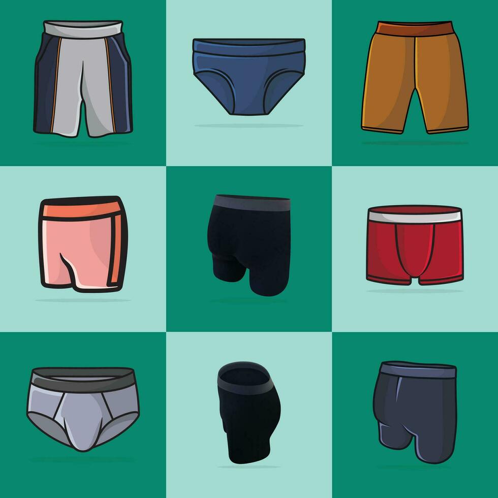 colección de 9 9 Niños cómodo ropa interior pantalones cortos vector ilustración. Deportes y Moda objetos icono concepto.