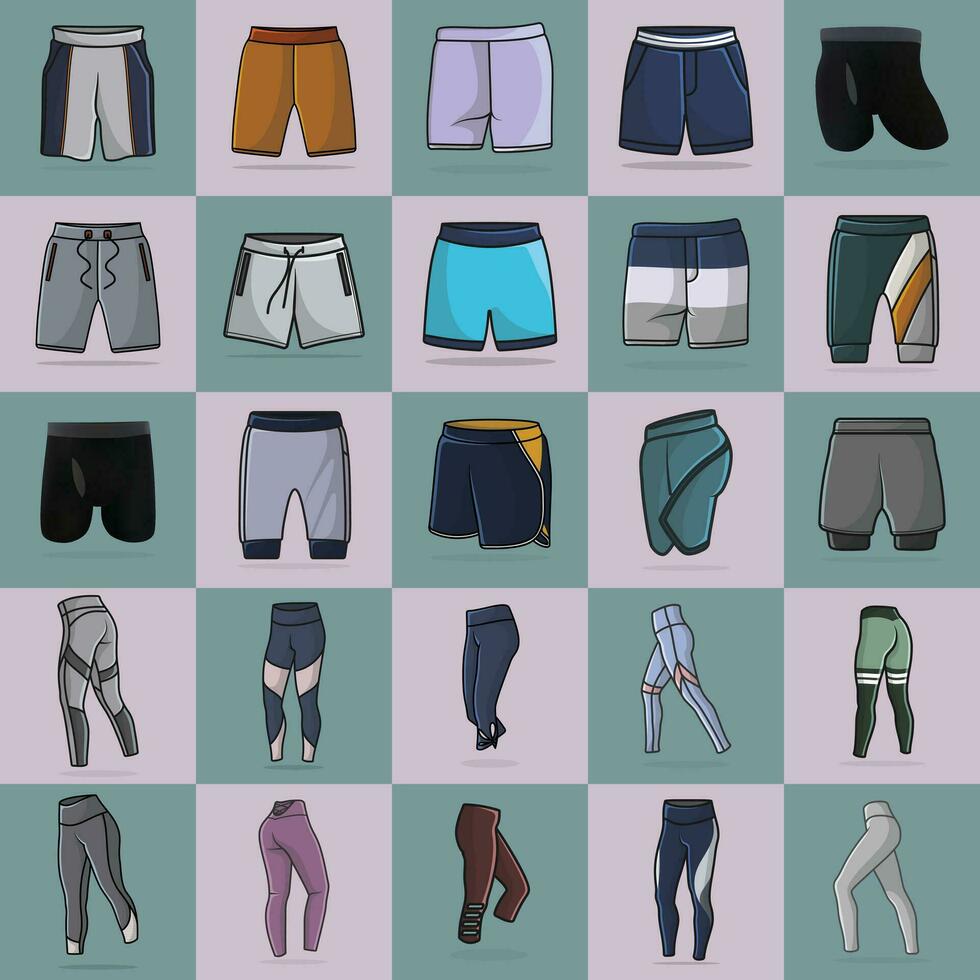 Collection Of 25 Boys Comfortable Underwear Shorts and Trousers vector illustration. Sports and fashion objects icon concept.