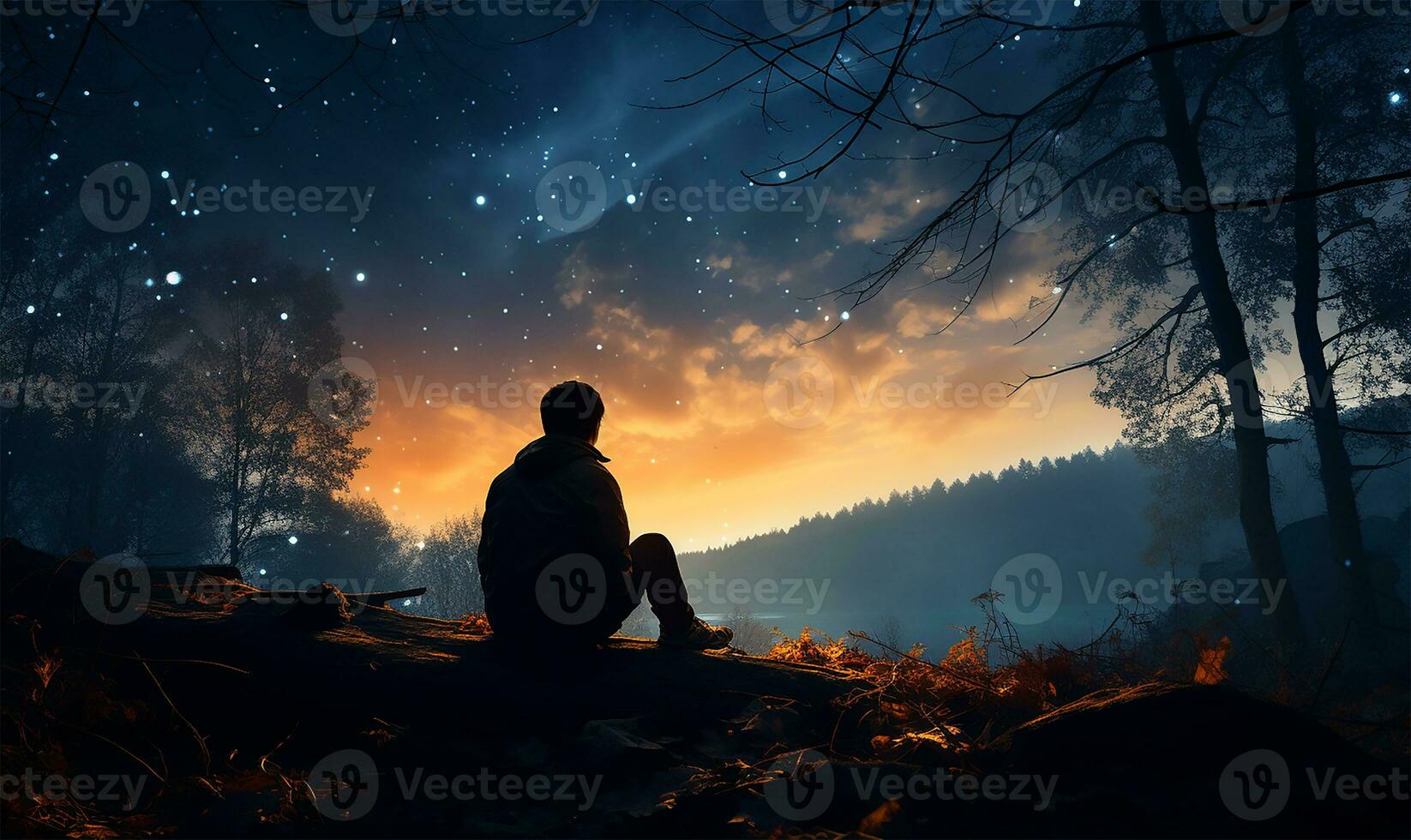 AI generated Calm Midnight adventures, Long exposure shot of a man staring up into the night sky photo