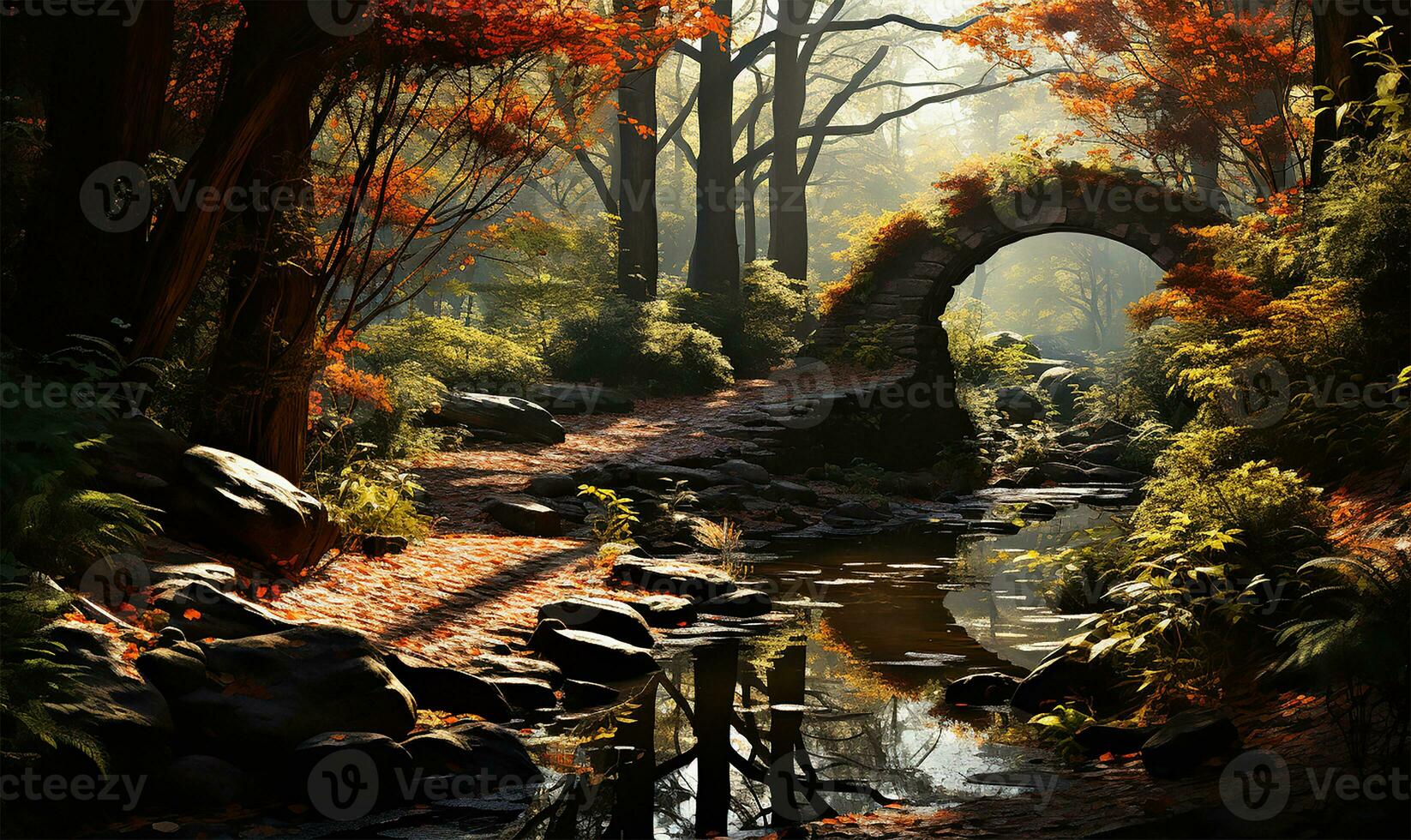AI generated a sunny morning in an autumn forest photo