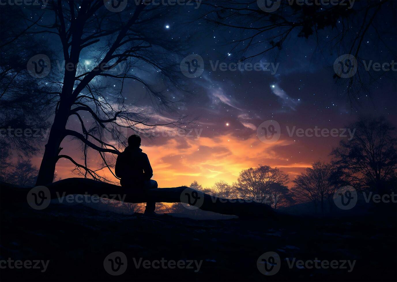 AI generated Calm Midnight adventures, Long exposure shot of a man staring up into the night sky photo