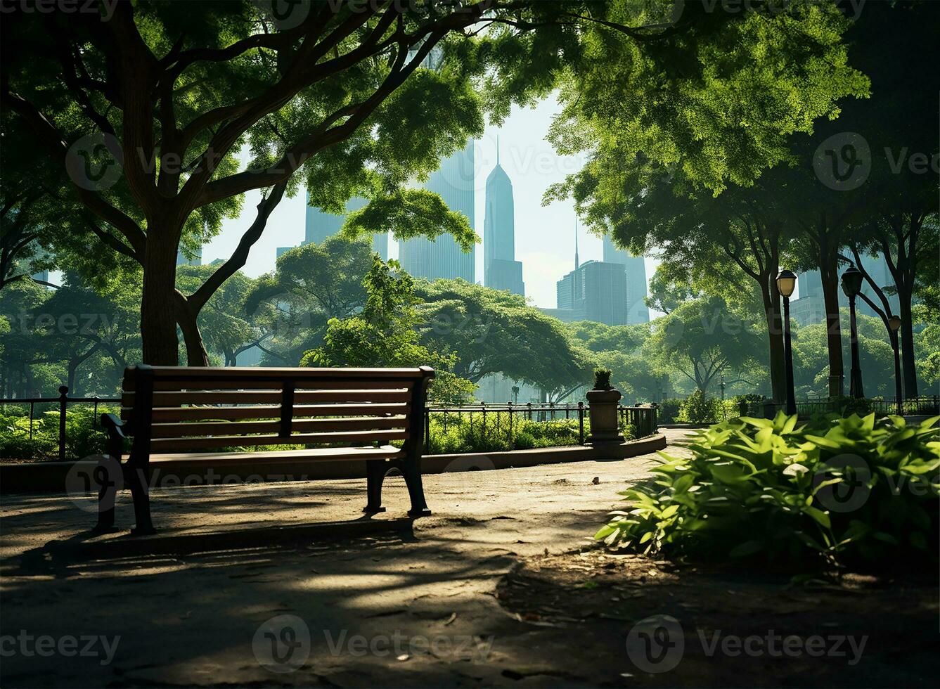 ai generado un público parque conjunto en contra el fondo de Alto edificios en un metrópoli ciudad centrar foto