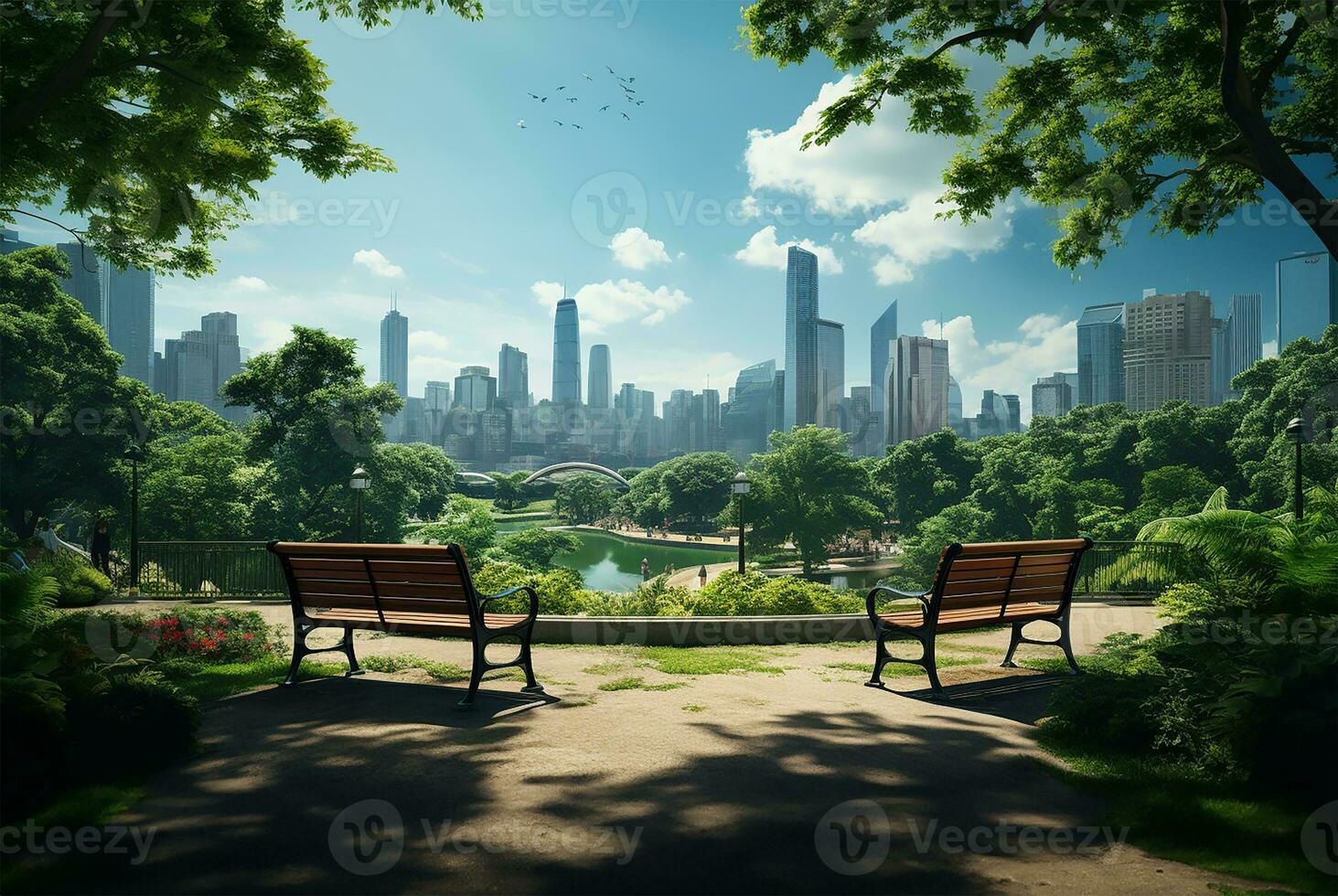 AI generated a public park set against the backdrop of high-rise buildings in a metropolis city center photo