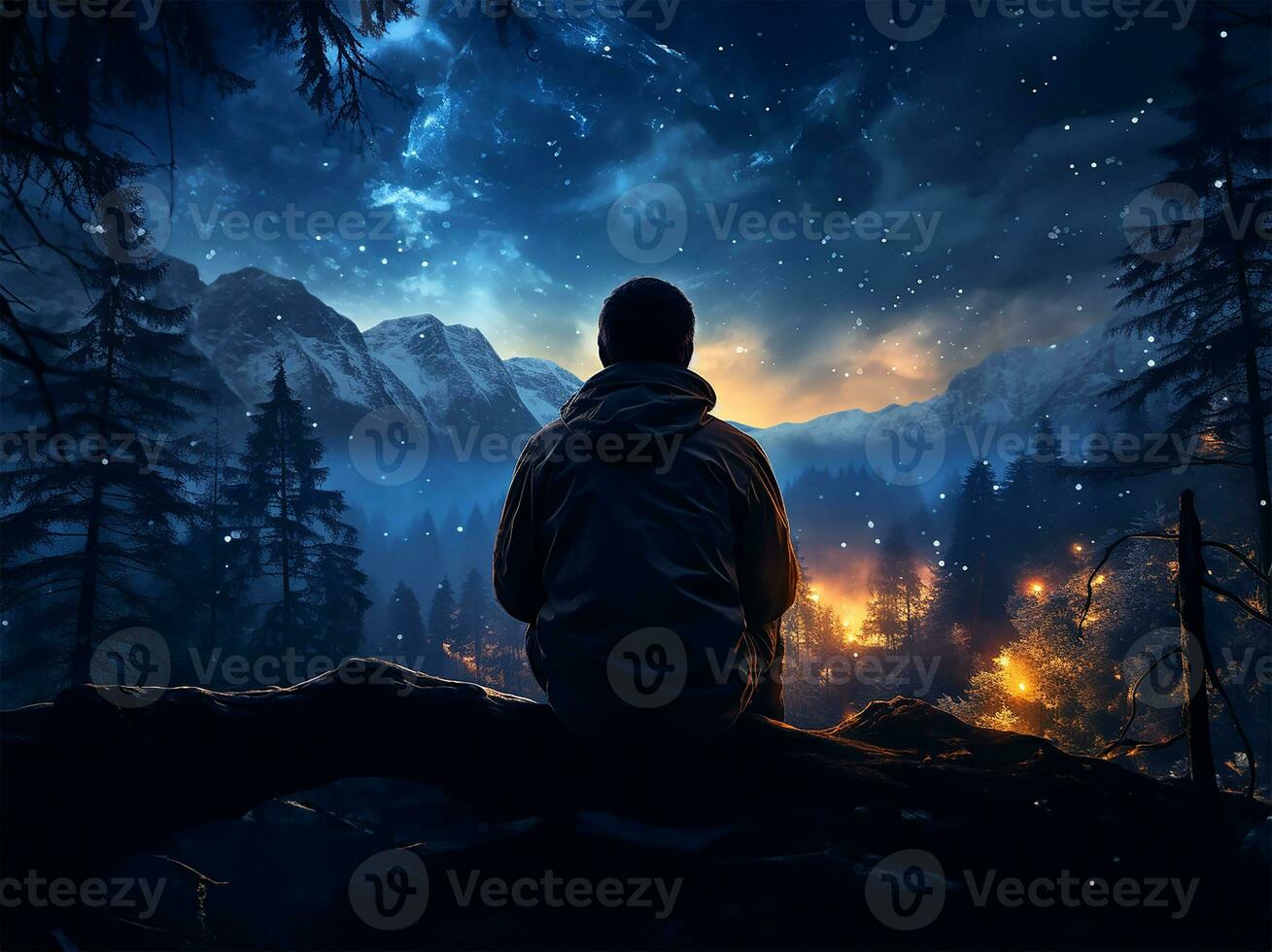 AI generated Calm Midnight adventures, Long exposure shot of a man staring up into the night sky photo