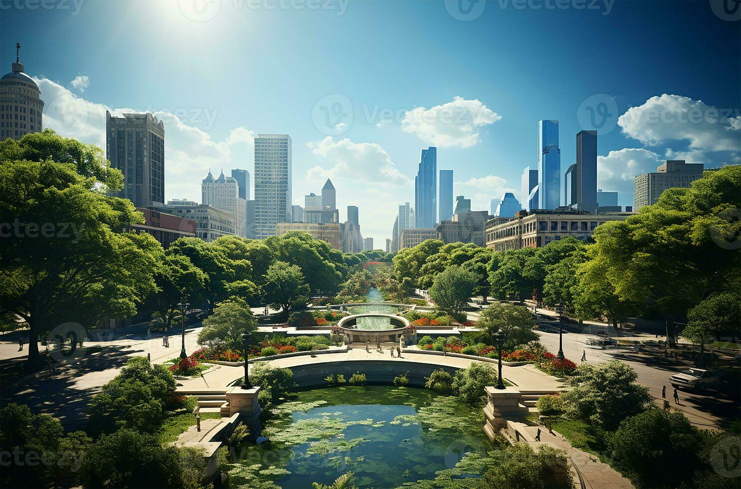 AI generated a public park set against the backdrop of high-rise buildings in a metropolis city center photo