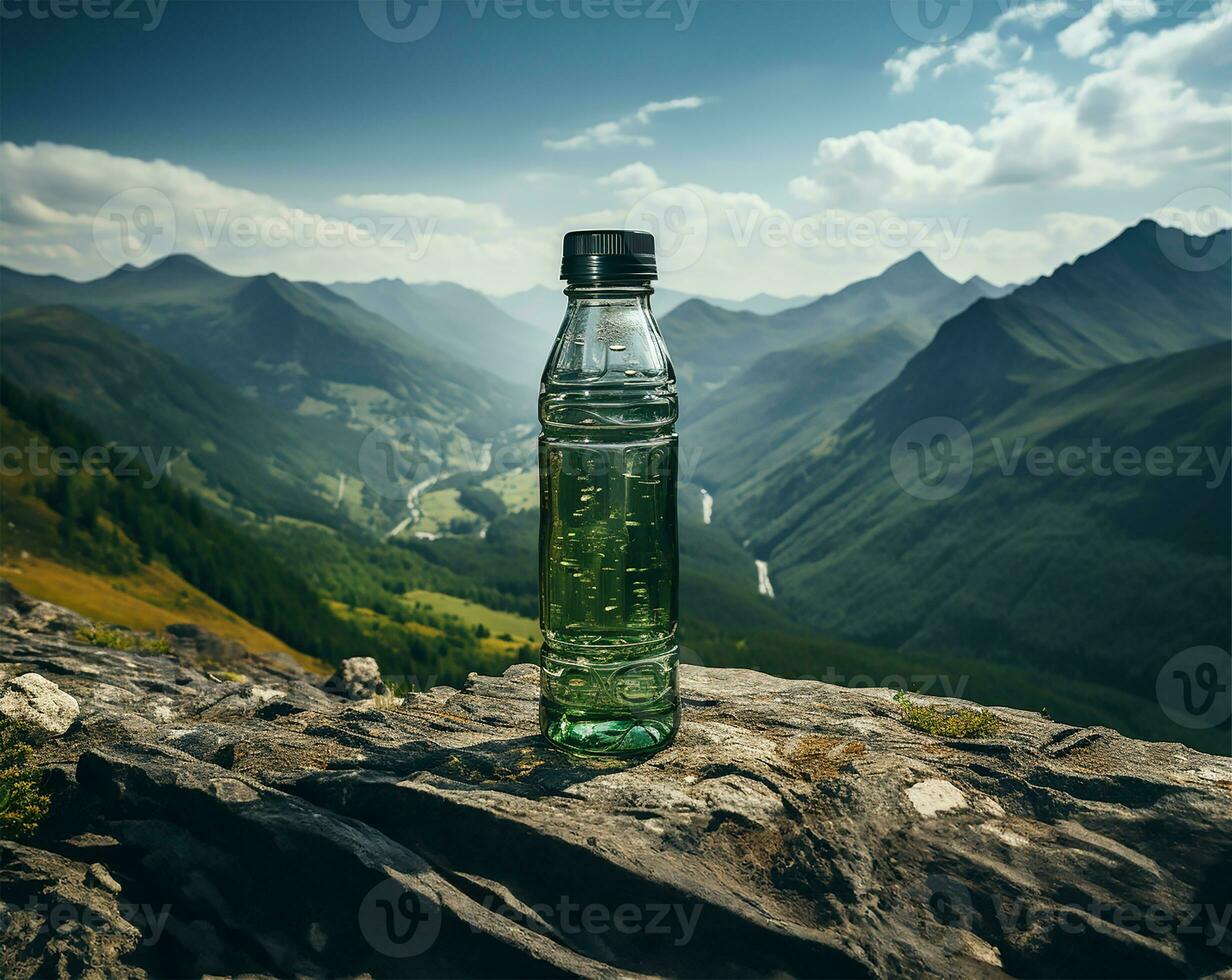 ai generado agua botella en pie prominentemente en el primer plano foto