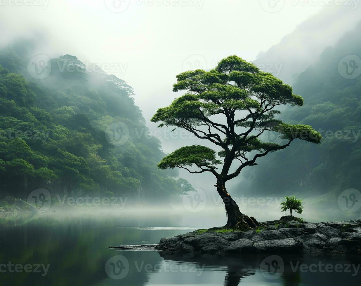 AI generated solitary tree growing in the midst of a jungle on a foggy day photo
