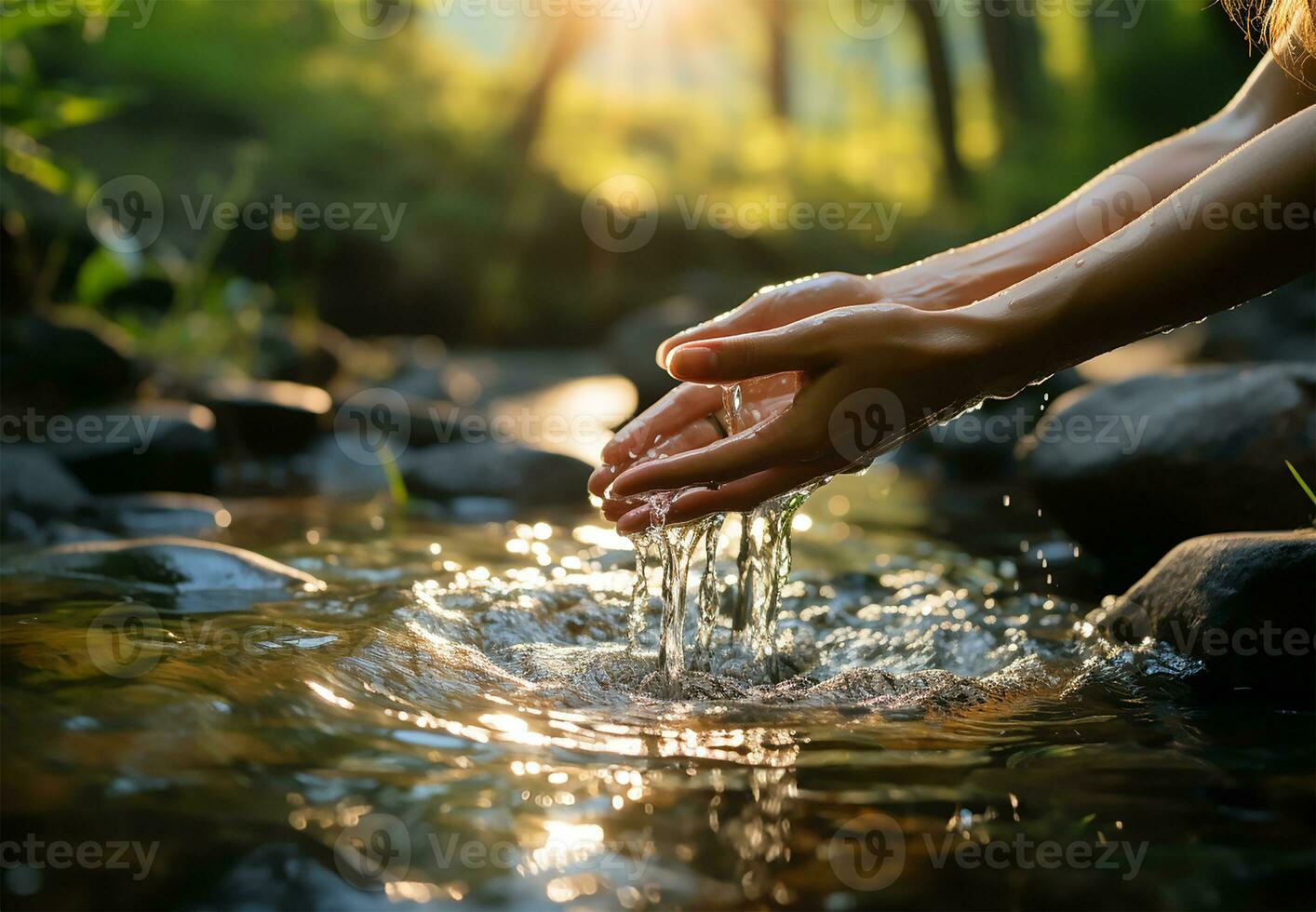AI generated hands of a girl who travels through the mountains, captured as she washes her hands with a stunning glamping view of nature in the background photo
