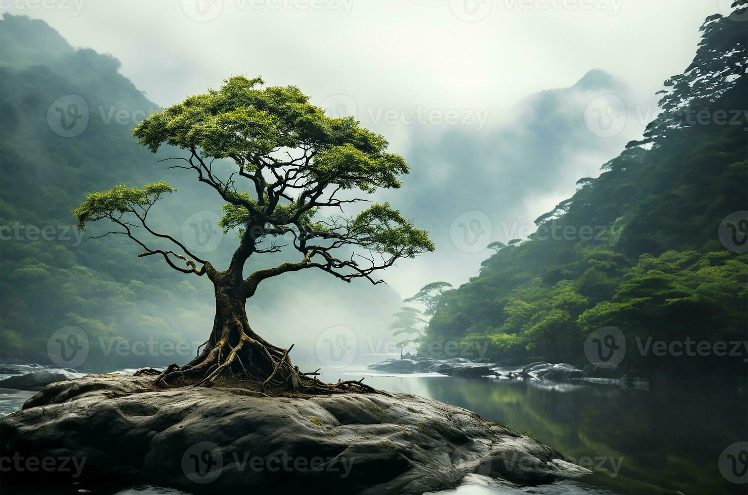 AI generated solitary tree growing in the midst of a jungle on a foggy day photo