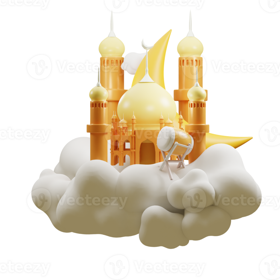 3d illustration of mosque with cloud on transparent background png
