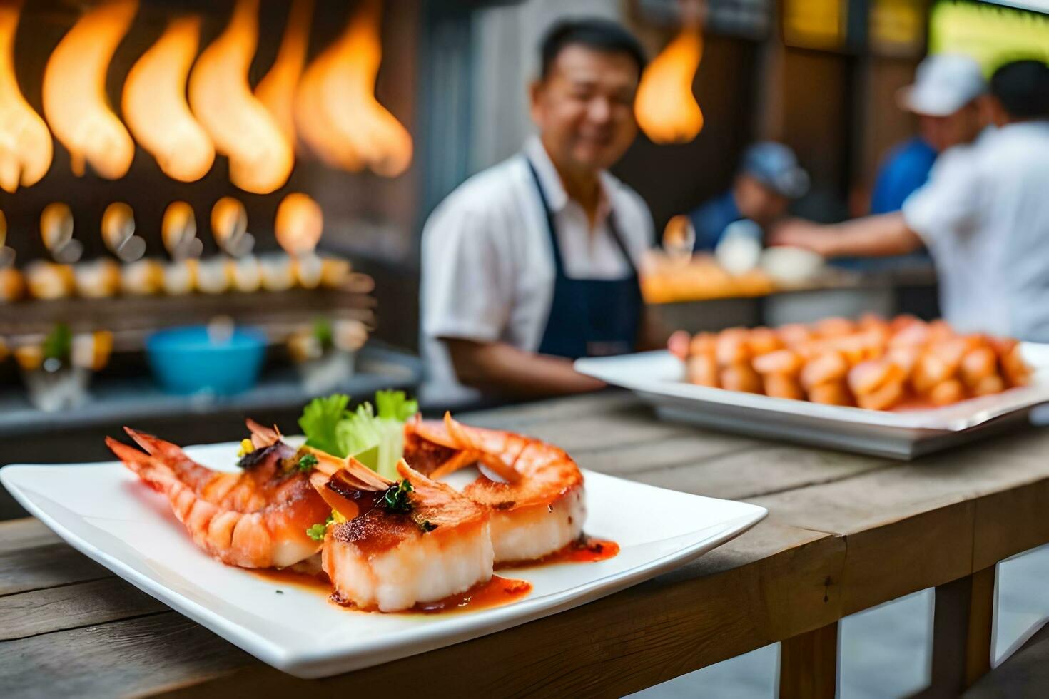 AI generated a man is preparing food on a table with a fire behind him. AI-Generated photo