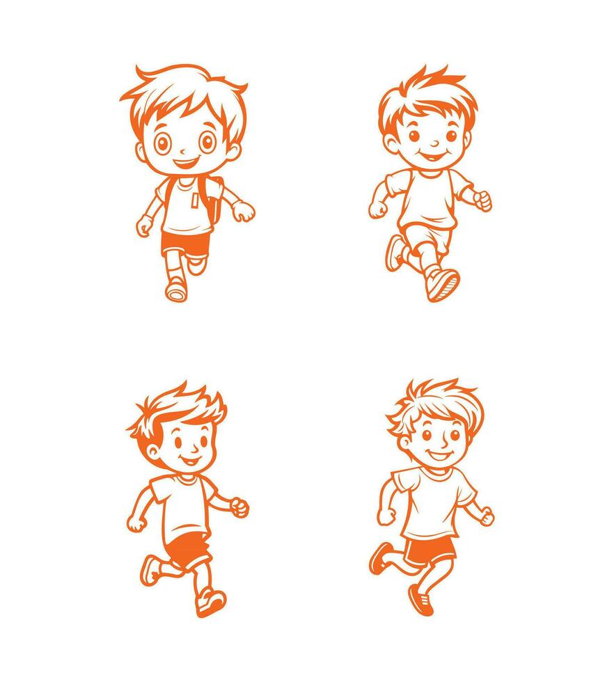 Set of boy running in good mood for funny, Vector illustration outline of cute male character