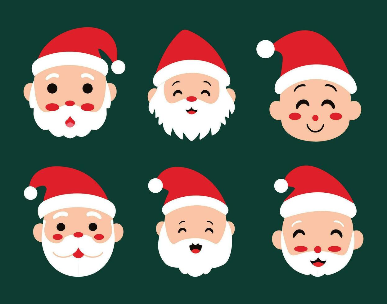 Set of cartoon santa claus heads in flat style isolated green background christmas concept vector