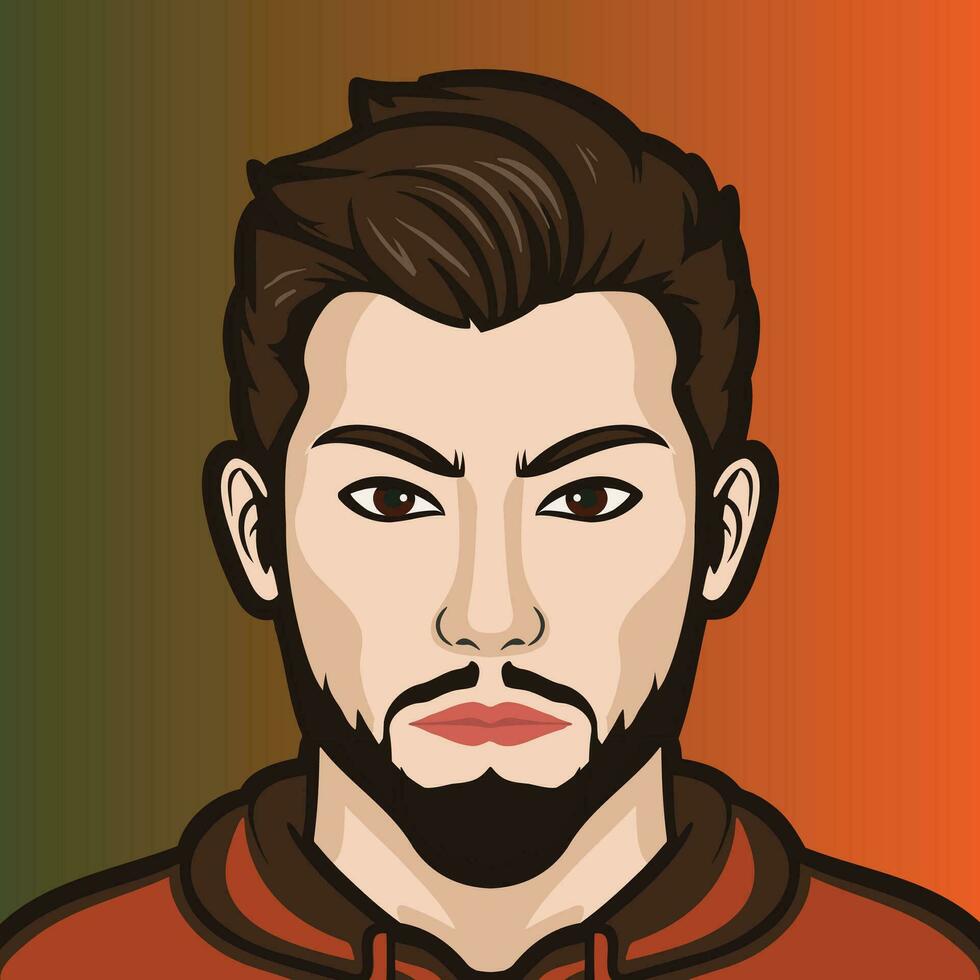 Portrait handsome man wearing hoodie or sweatshirt isolated gradient background, vector illustration
