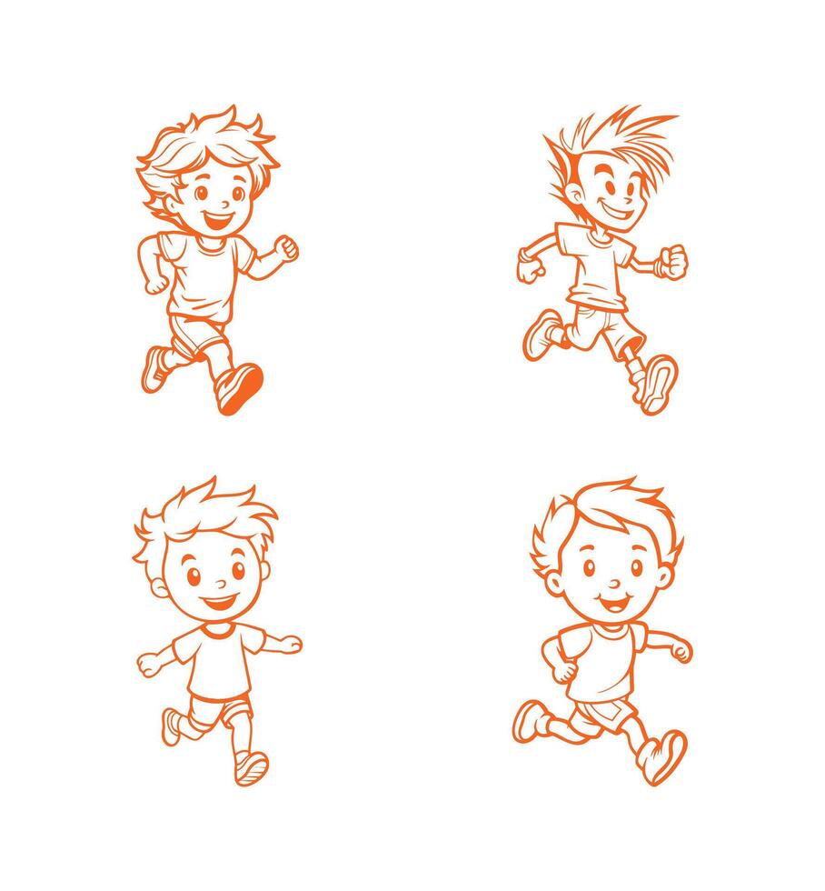 Set of boy running in good mood for funny, Vector illustration outline of cute male character