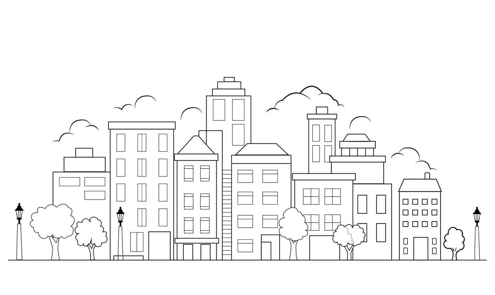 black white vector cityscape skyline sketch, City landscape. Line urban backdrop, Outline graphic