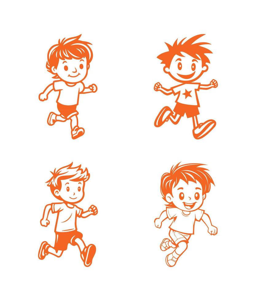 Set of boy running in good mood for funny, Vector illustration outline of cute male character