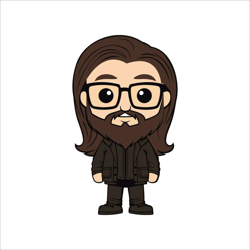 Cute man wearing glass with beard long and brown hair cartoon vector illustration