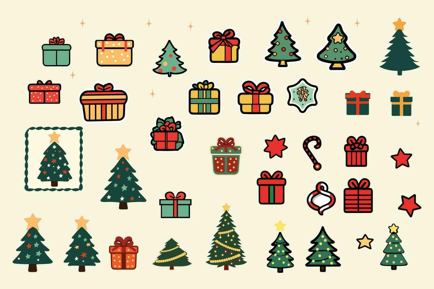 Christmas big set of elements with christmas tree, gift box, santa claus, star, cartoon design vector