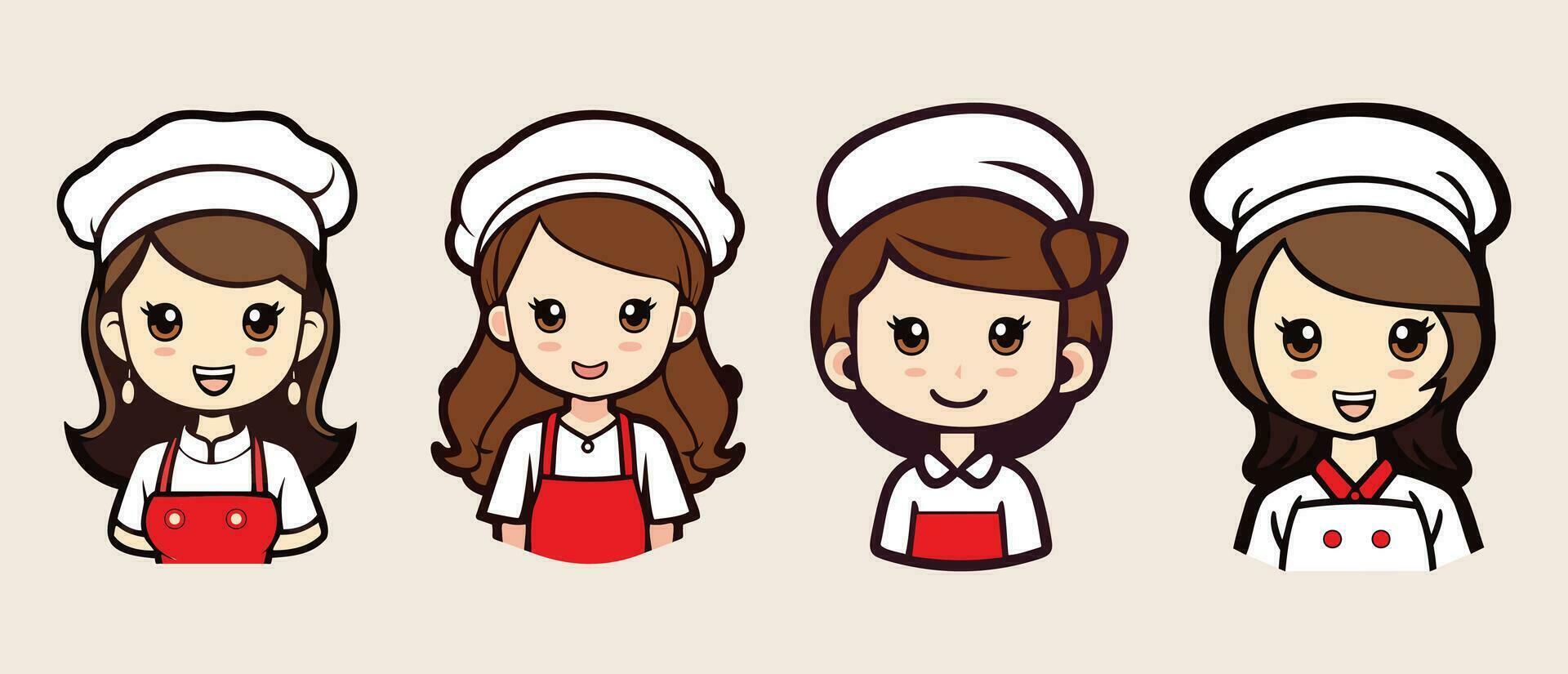 conjunto de 4 4 hermosa mujer ilustración vistiendo cocinero y sombrero uniforme,. mano dibujado estilo vector