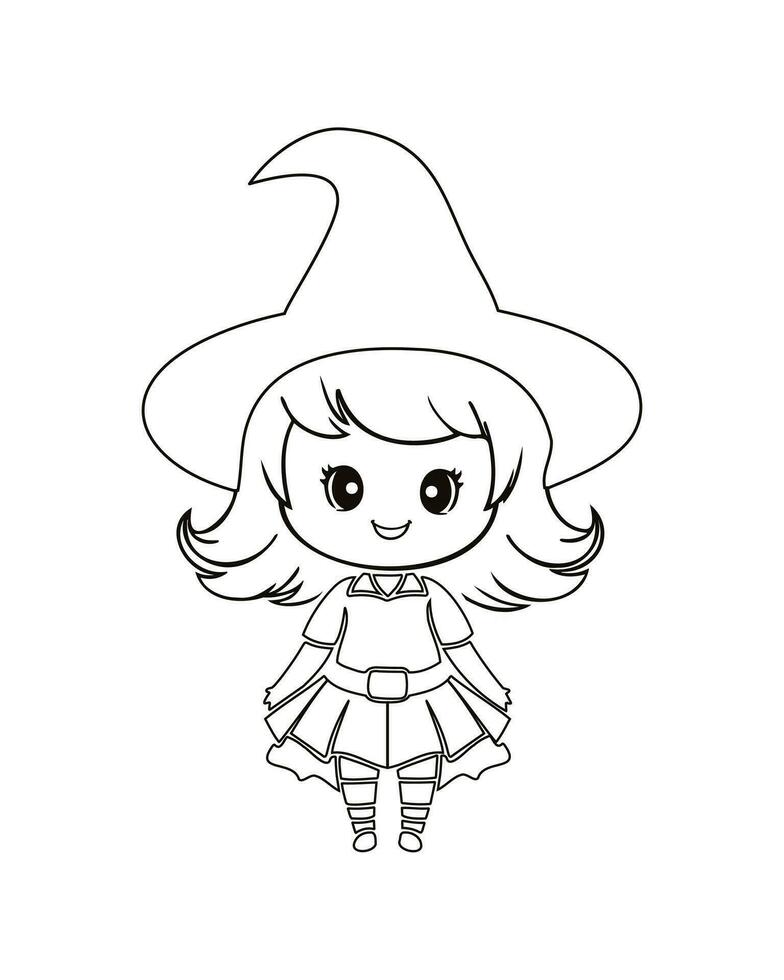 Cute cartoon magician woman with hat and wearing dress, black outline coloring book concept vector