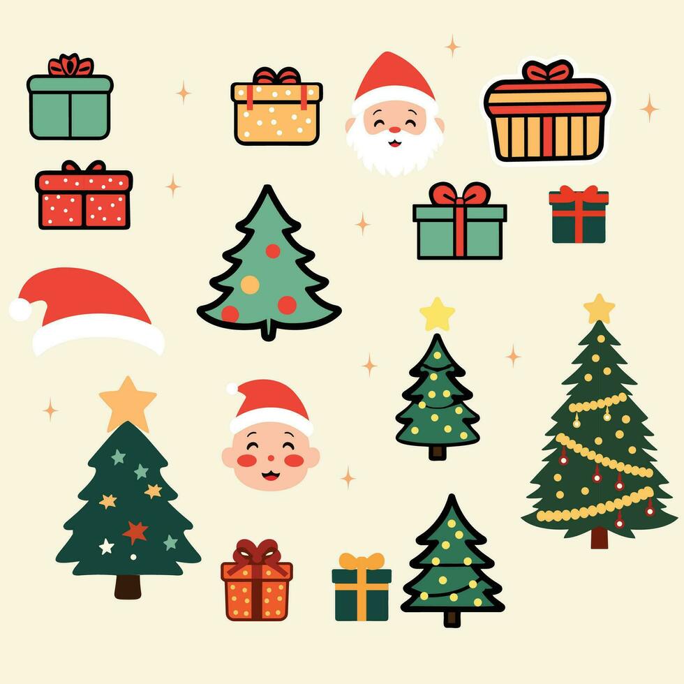 Navidad grande conjunto de elementos con Navidad árbol, regalo caja, Papa Noel noel, estrella, dibujos animados diseño vector