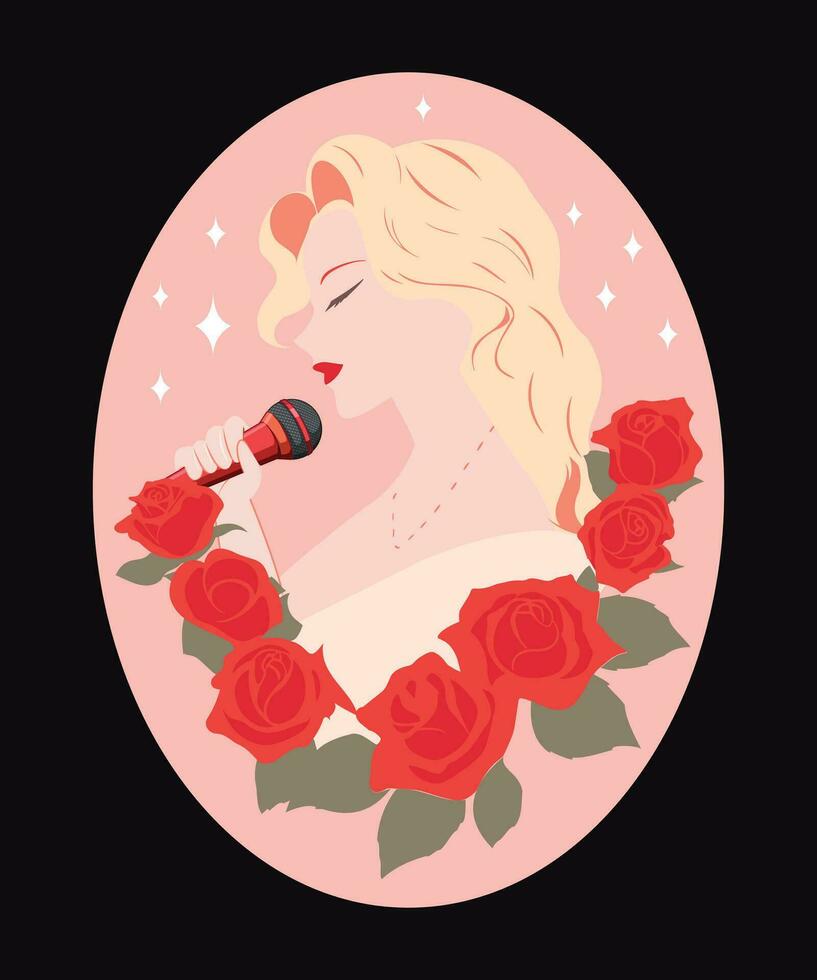 Vector portrait beautiful woman holding microphone and singing with flower