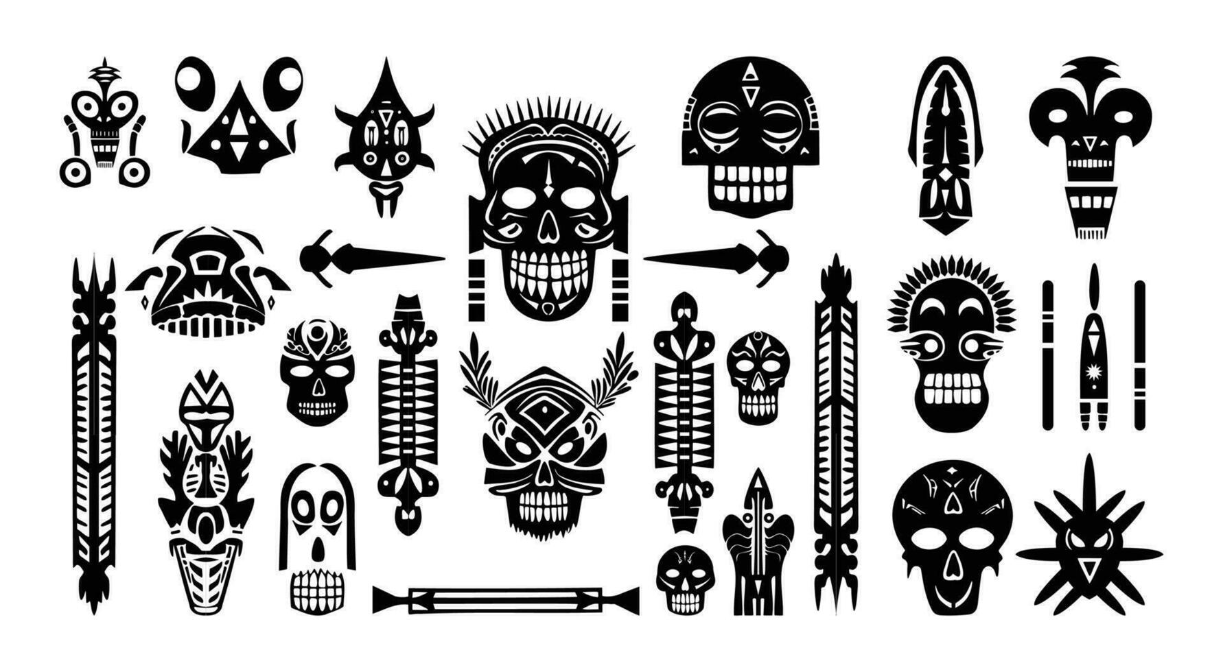 tradicional mascaras con humano caras conjunto -tribal símbolo en negro y blanco, gente Arte vector