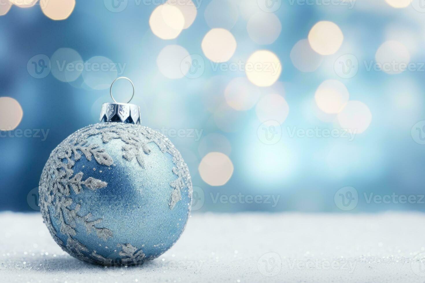 ai generado Navidad antecedentes con Navidad decoraciones azul pelotas y plata copos de nieve foto