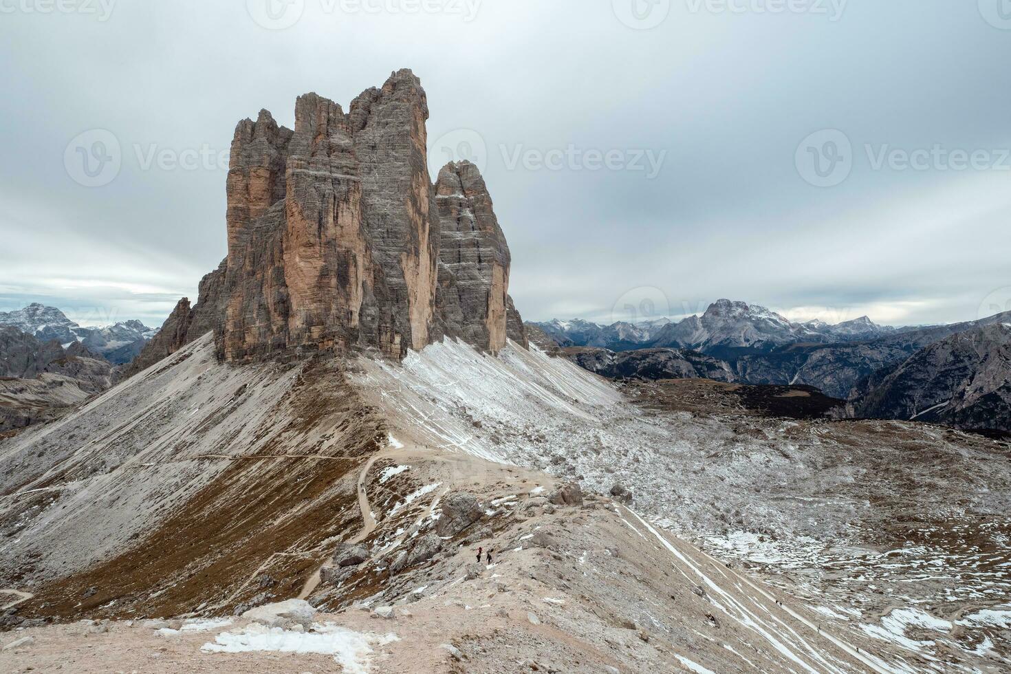 View of famous Tre Cime peaks in Tre Cime di Lavaredo National Park, Dolomiti Alps, South Tyrol, Italy photo