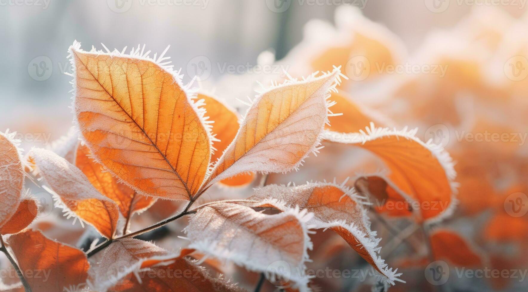 AI generated Orange beech leaves covered with frost in late fall or early winter. photo