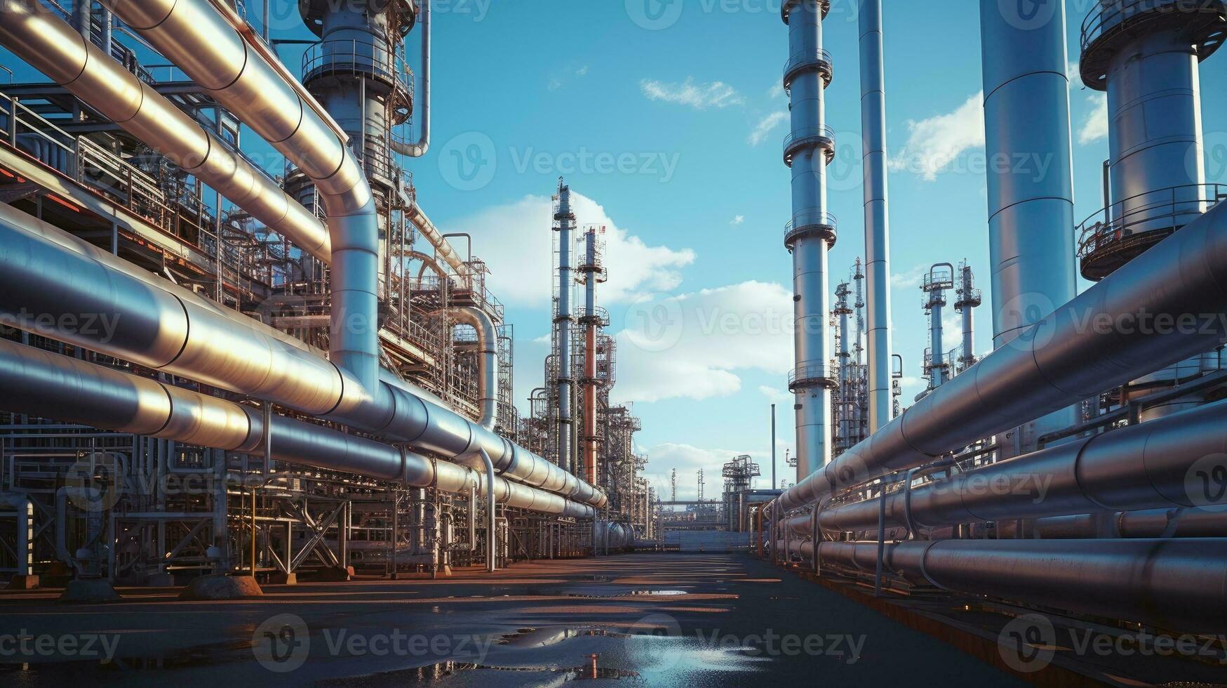 AI generated Steel long pipes in crude oil factory. Oil refinery photo