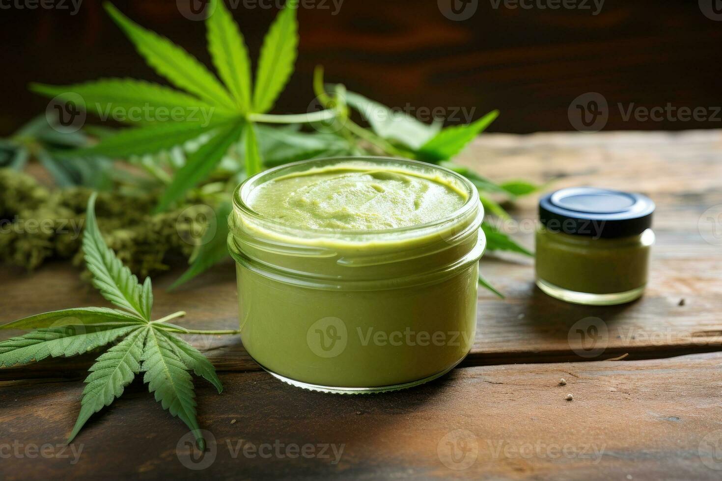 AI generated Medicinal light green hemp cream with green hemp leaves photo