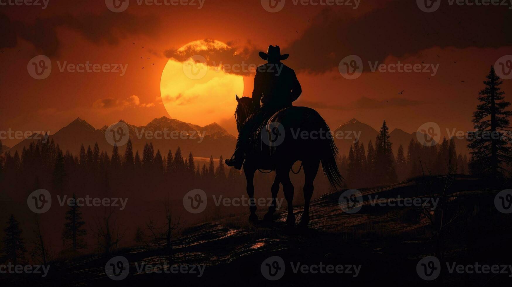 AI generated Silhouette of a cowboy with a hat on a horse at sunset photo