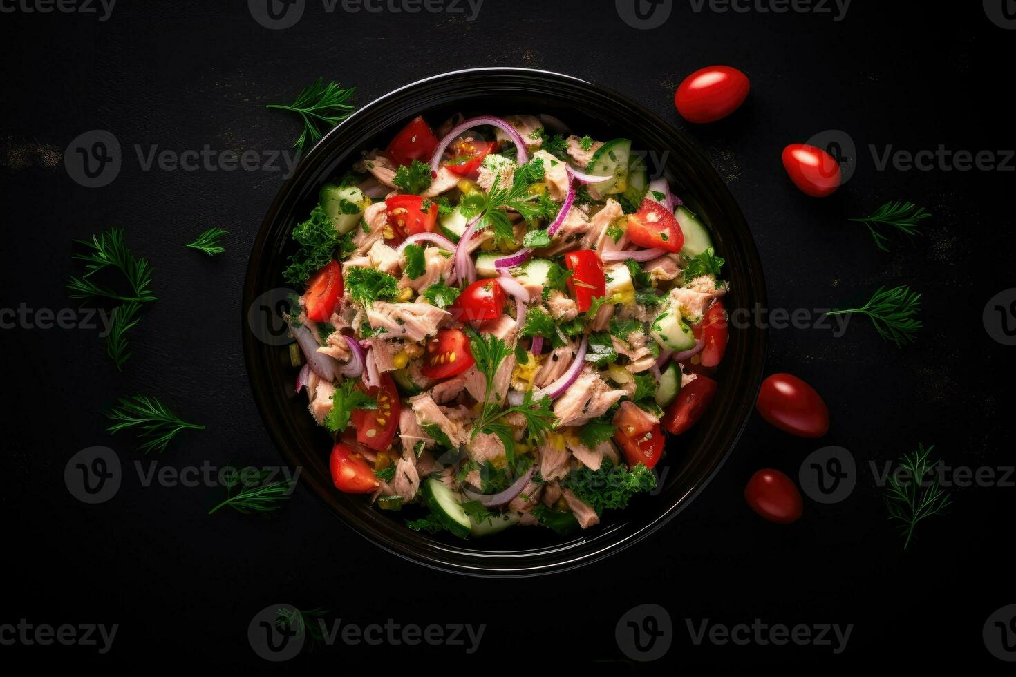 AI generated Tuna salad in a bowl on a dark background photo