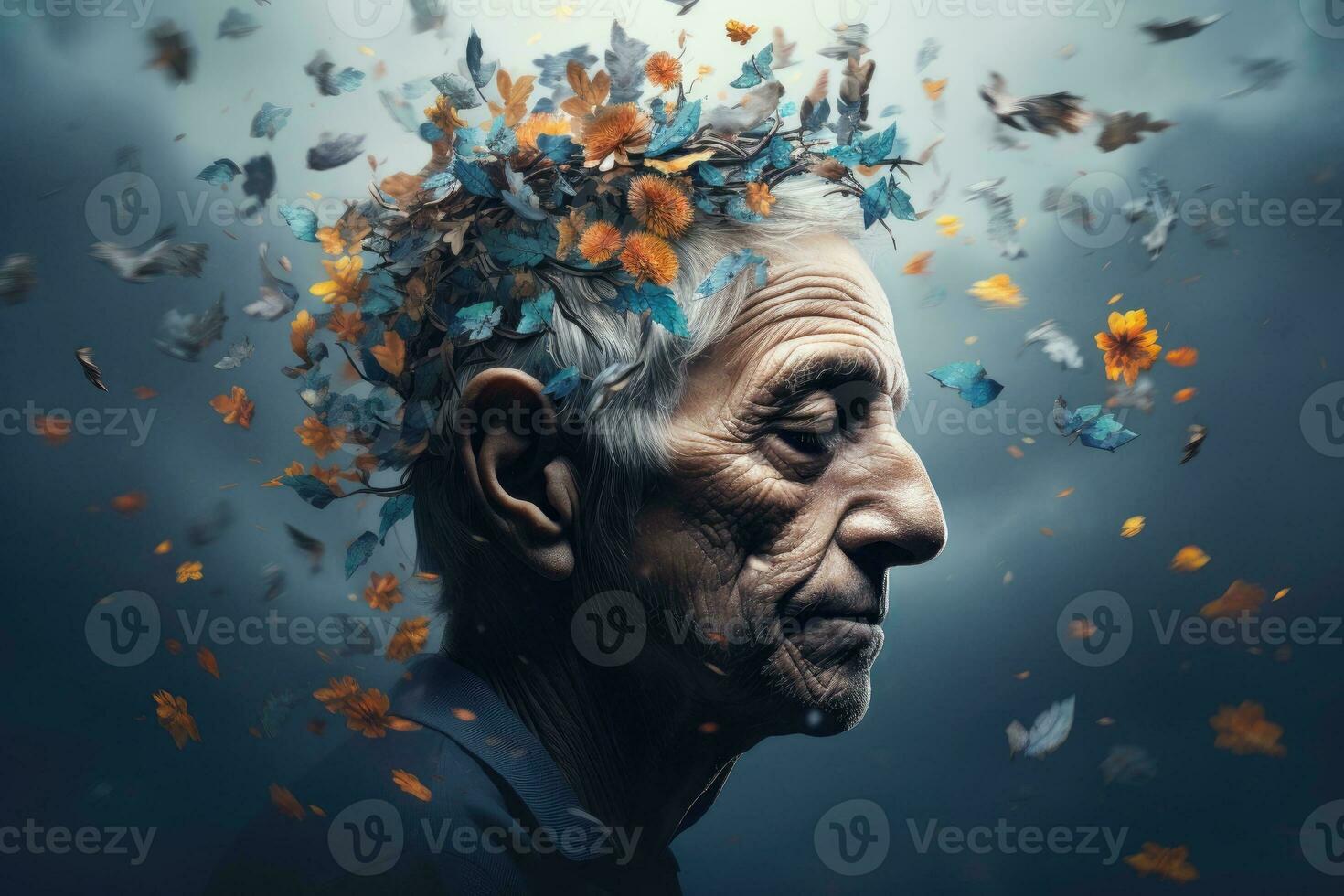 ai generado un mayor hombre usa un corona de flores en su cabeza. el hombre mira calma y contenido, como Si en un estado de meditación. Alzheimer concepto foto