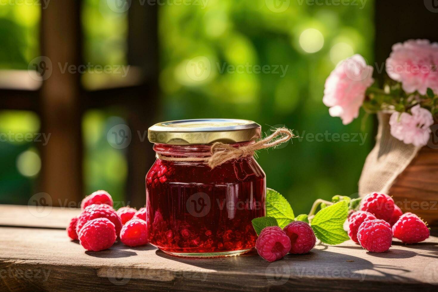 AI generated Raspberry jam in jar on wooden table photo