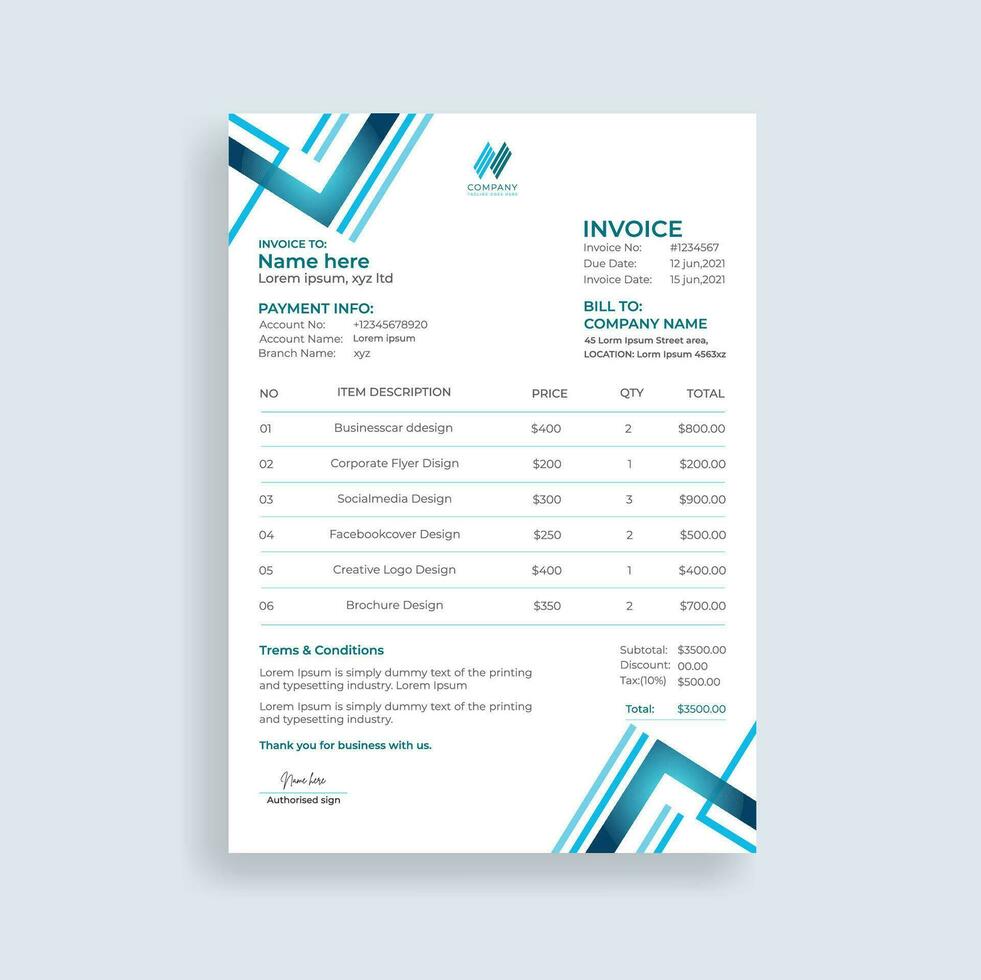 Professional and corporate invoice template design vector