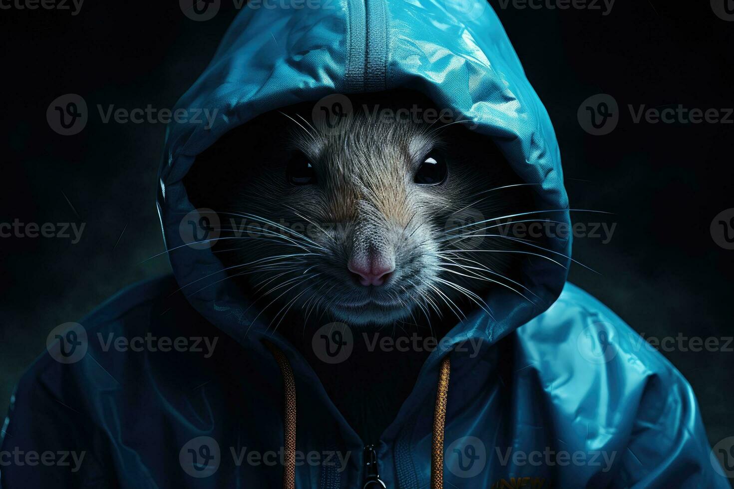 AI generated A rat in a blue jacket with a hood on a dark background photo