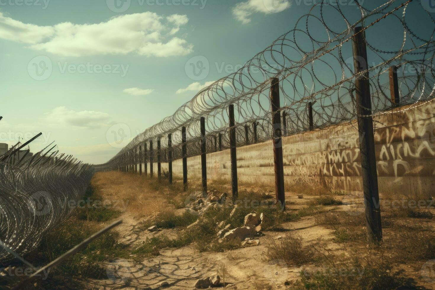 AI generated Barbed and razor wire fence. Fencing the state border against immigration photo