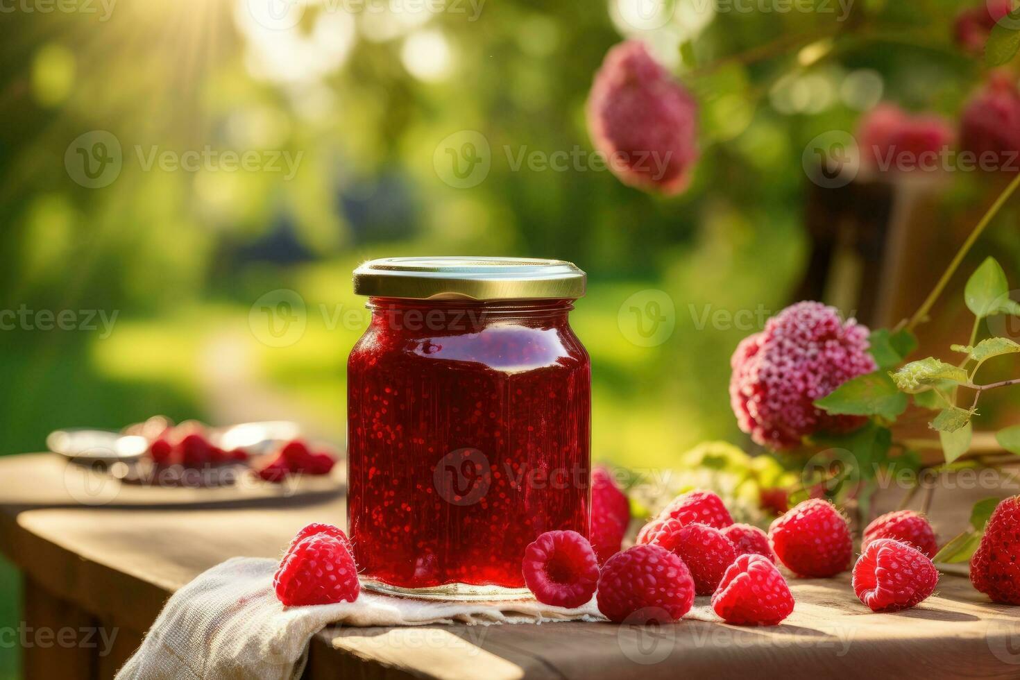 AI generated Raspberry jam in jar on wooden table photo