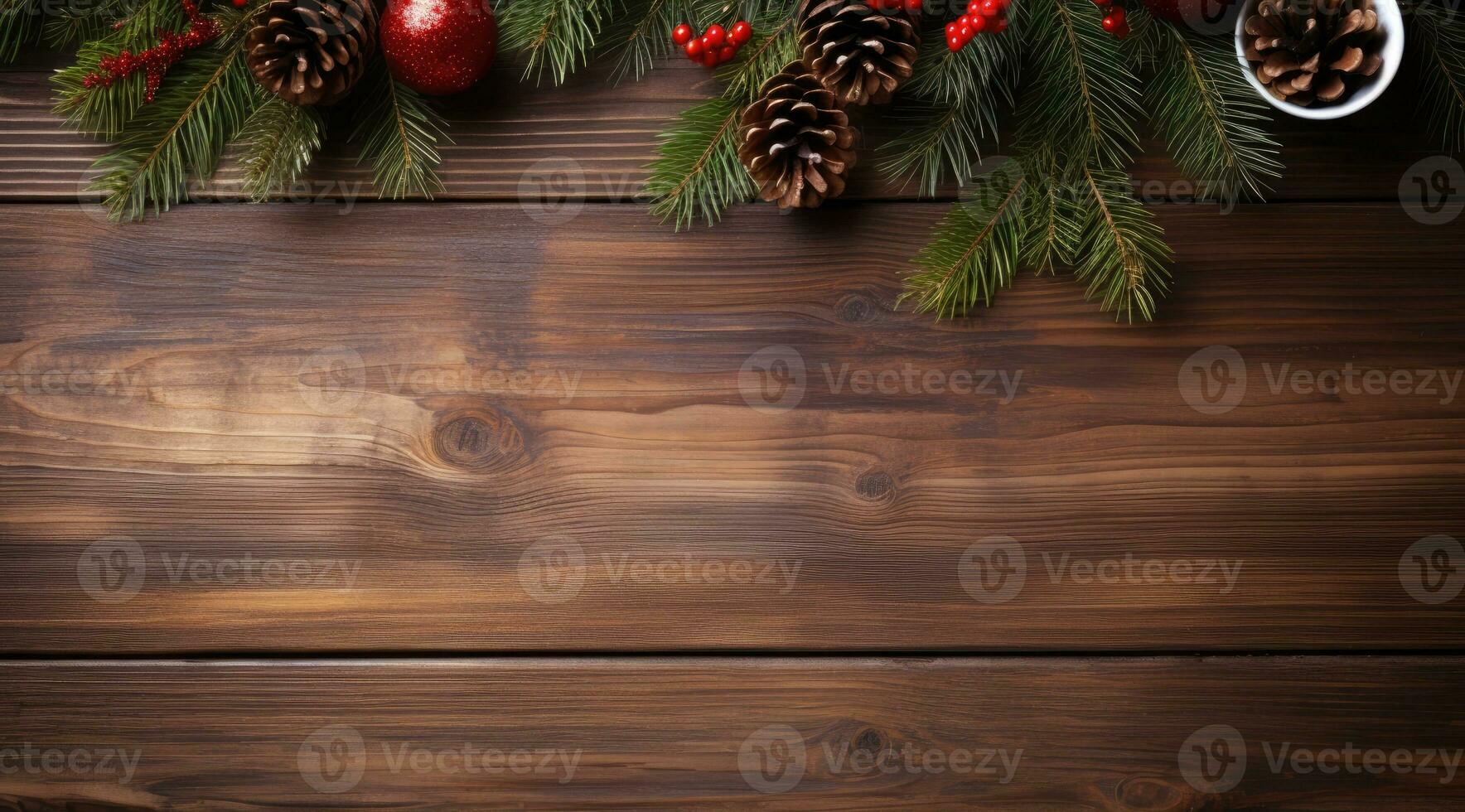 AI generated Christmas decorations on rustic wooden background, top view. Copy space photo