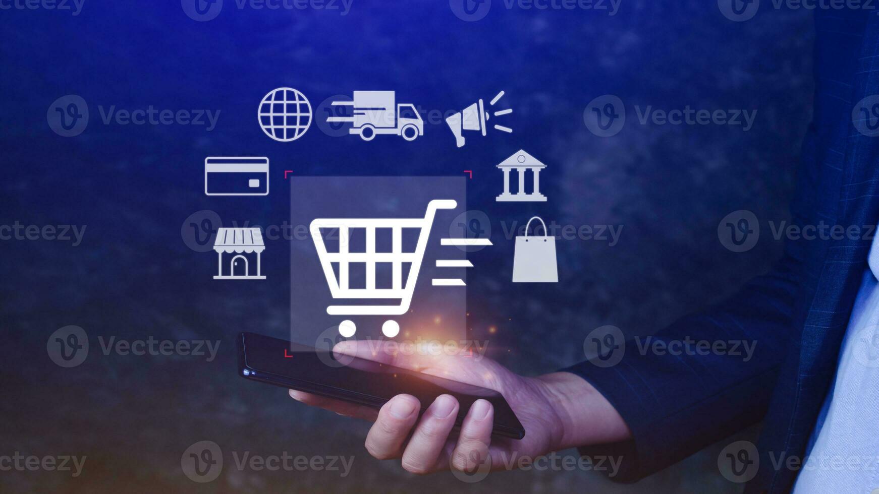 compras en línea. utilizando teléfono inteligente compras en línea. compras carro y negocio íconos con virtual, negocio entrega comercio electrónico, compras en Internet, ofertas hogar entrega. foto