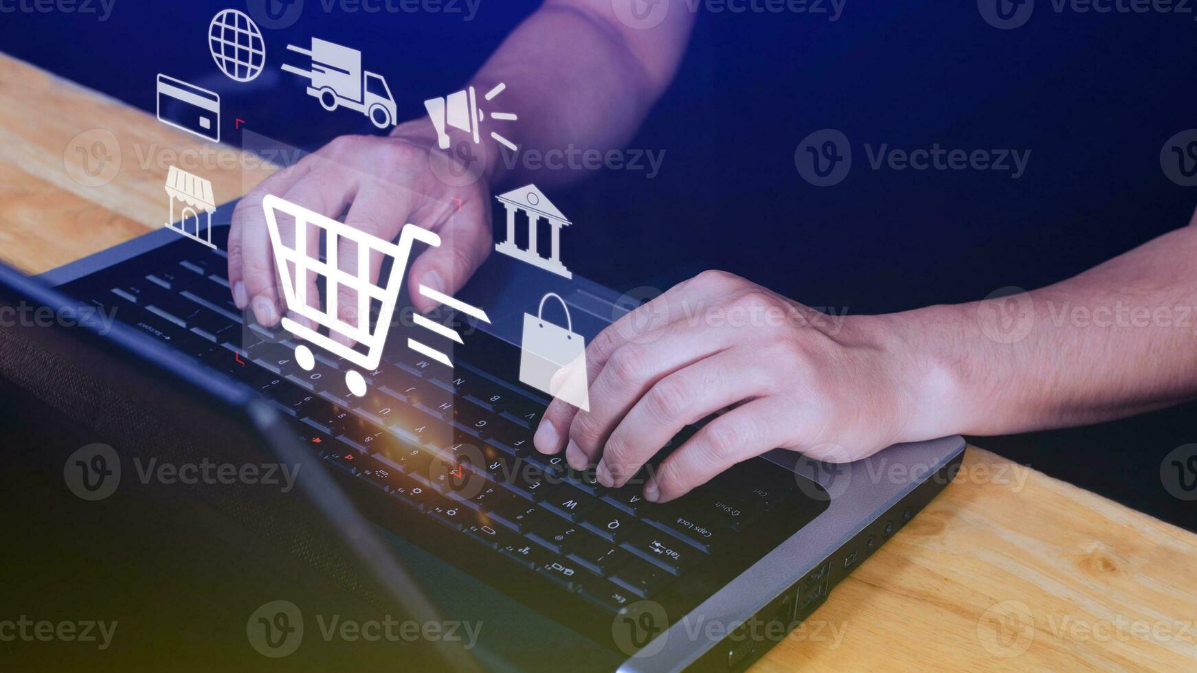 Shopping Online. hand online shopping on laptop computer with virtual graphic icon diagram, payment online, digital marketing, business finance, internet network technology concept. photo