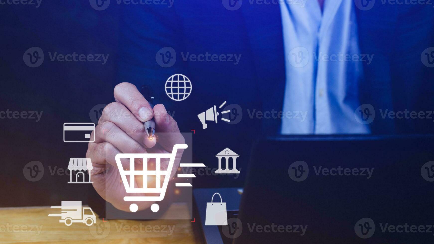 Shopping Online. hand online shopping on laptop computer with virtual graphic icon diagram, payment online, digital marketing, business finance, internet network technology concept. photo