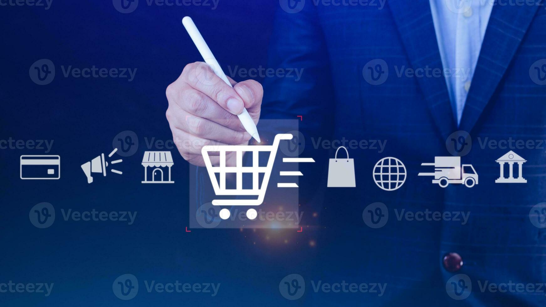 Shopping Online. hand touching online shopping with virtual graphic icon diagram, payment online, digital marketing, business finance, internet network technology concept. photo