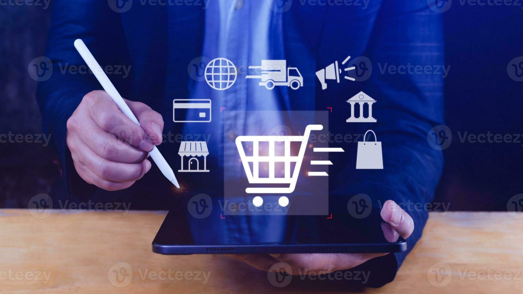 Shopping Online. hand online shopping on laptop computer with virtual graphic icon diagram, payment online, digital marketing, business finance, internet network technology concept. photo