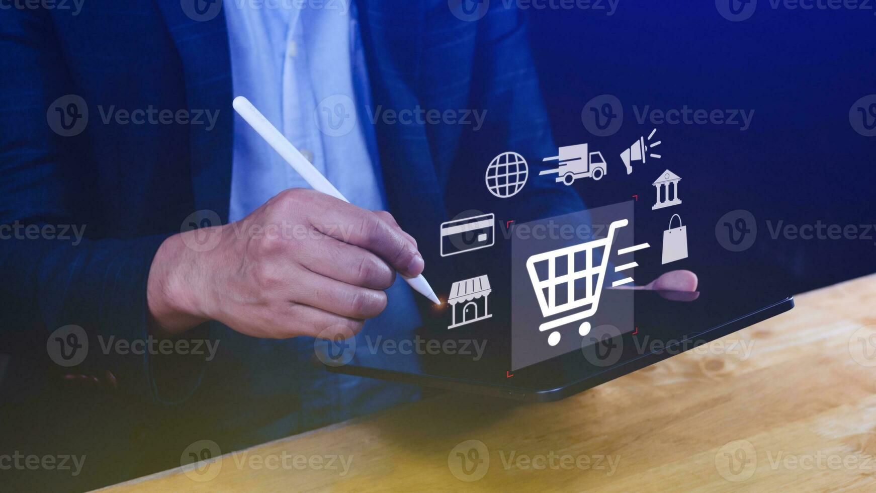 Shopping Online. hand online shopping on laptop computer with virtual graphic icon diagram, payment online, digital marketing, business finance, internet network technology concept. photo