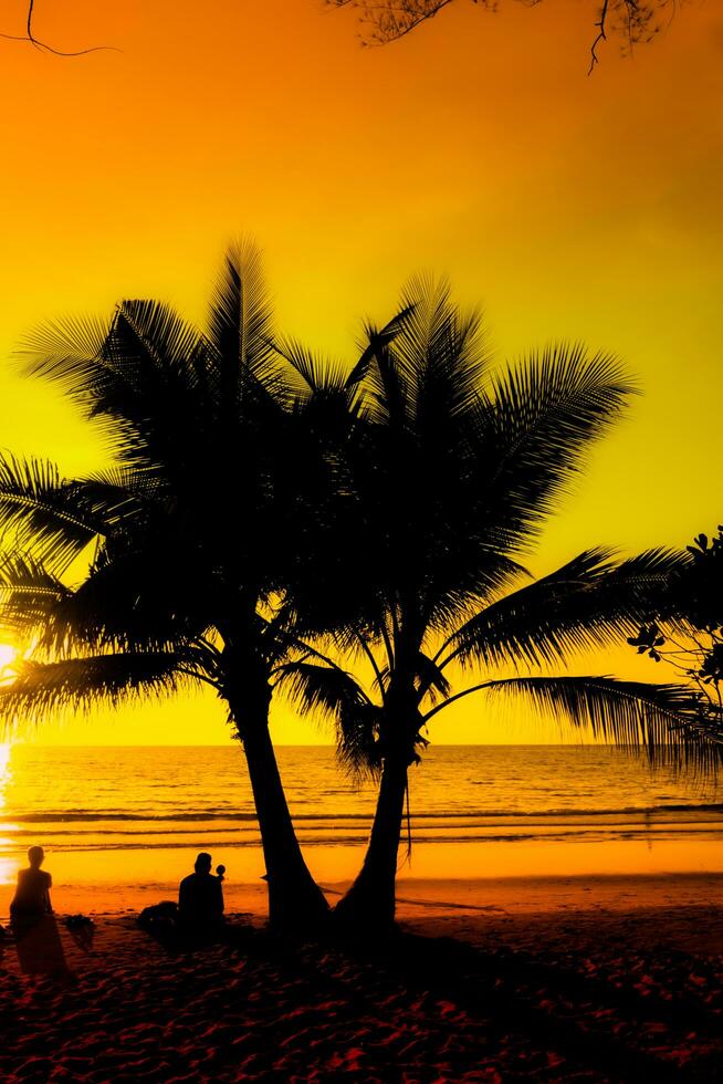 Silhouette of palm tree on the beach during sunset of beautiful a tropical beach on orange sky background photo